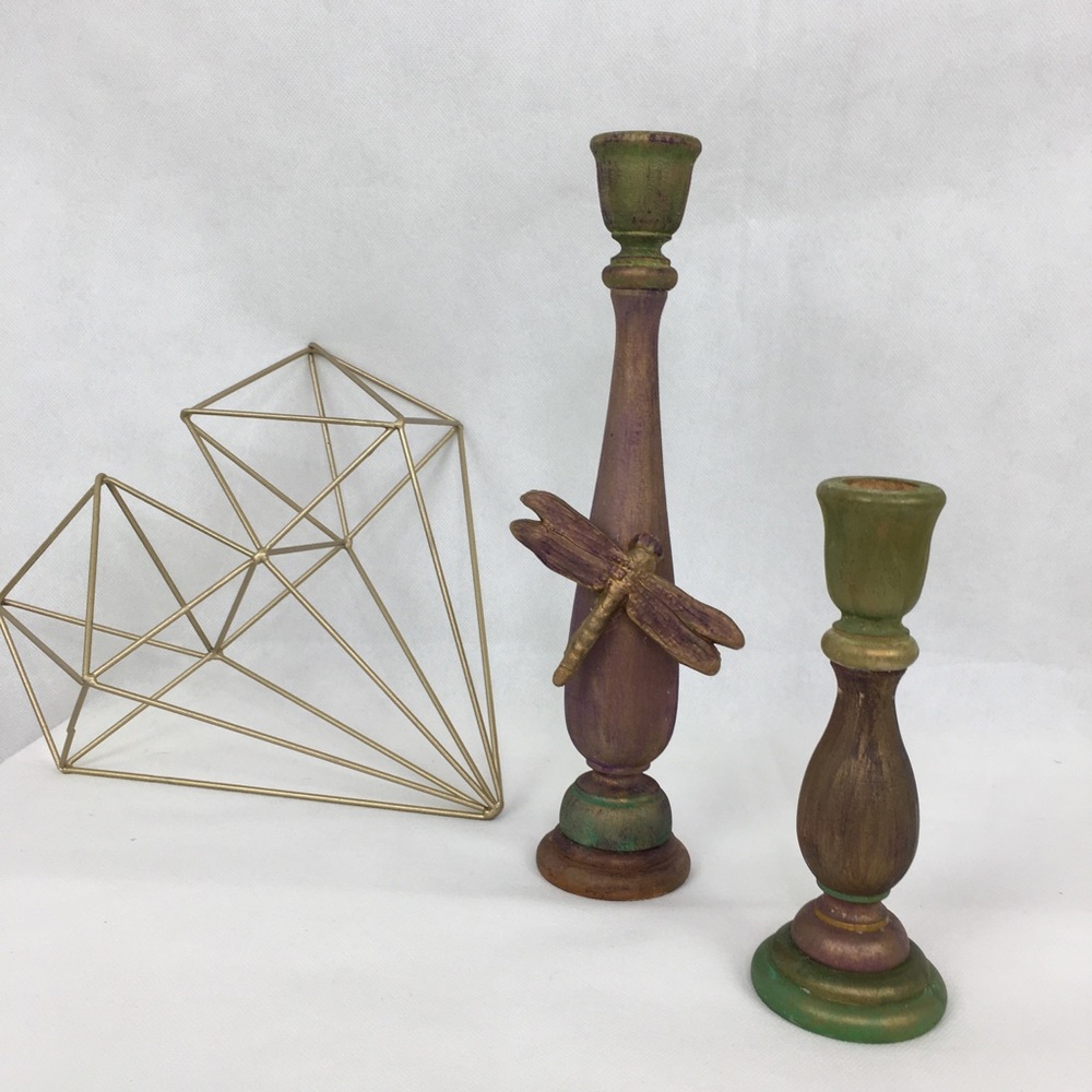 Purple & Green Gold Wash Dragonfly Candle Holder Set
